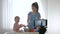 Videoblog streaming live, cute baby boy with mom played by educational toys and filming new episode for vlog in