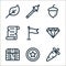 videogame elements line icons. linear set. quality vector line set such as carrot, coin, chest, diamond, flag, parchment, acorn,