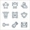 videogame elements line icons. linear set. quality vector line set such as treasure chest, gauntlet, coin, shield, spellbook,