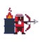 Videogame pixelated ninja with arch and barrel in fire blue lines