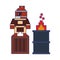 Videogame pixelated ninja on box with barrel in fire blue lines