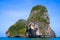 Vie of Maya Bay, Phi Phi island. Hong islands lagoon. Gray green stone rock on the background of crystal clear water in the sea