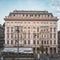 Vienna, Austria - April 27,2019: Facade of Hotel Sacher in front of Albertina Museum in old town