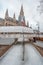 Vienna, Austria - Feb 7, 2020: Empty rink outside city hall in winter morning