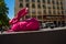 Vienna, Austria. A huge decorative pink hare on the background of the Vienna Opera near the Albertina restaurant Passage in the