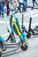 VIENNA, AUSTRIA - MAY 26: Modern city transport - rent electric scooters by Wind, Bird, Tier and Flash is parked on the street of