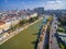 VIENNA, AUSTRIA - OCTOBER 07, 2016: Danube River in Vienna, Austria. Ferry, Cityscape in Background.