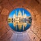 Vienna. Karlskirche church of Vienna reflection view through stone window