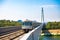 Vienna metro train passing a bridge over Danube river