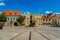 Vienna`s Gate Square in Gyor,Hungary,in the middle the sculpture of famous Hungarian writer Karoly Kisfaludy