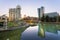 Vienna, Urania, Uniqa Tower and danube channel in the evening