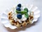 Viennese waffles with cream and blueberries. Studio Photo