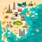 Vietnam abstract map. Colorful vector poster. Old ship and rickshaw icons.