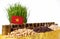 Vietnam flag waving with stack of money coins and piles of wheat