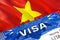 Vietnam visa stamp in passport with VISA text. Passport traveling abroad concept. Travel to Vietnam concept - selective focus,3D
