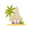 Vietnamese beach bungalow, palm tree and green leaves. Small wooden hut. Flat vector design
