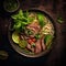 Vietnamese beef noodle soup with herbs and lime on dark background