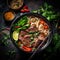 Vietnamese beef noodle soup with herbs and spices on dark background