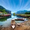 Vietnamese boats at river. Ninh Binh. Vietnam