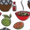 Vietnamese cuisine or food dishes and fruits seamless pattern
