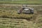 Vietnamese farmer pick rice up with a combine harvester