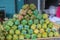 Vietnamese Fermented Pork Roll and cylindrical sticky rice cake are displayed on the street in Dam market, Nha Trang City