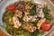 Vietnamese recipe, Warm noodle salad with salmon and sweet peas, Bo Bun, Sweet peas, salmon, tomato, teriyaki sauce