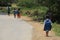 Vietnamese schoolkids walking home on a country road