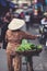 Vietnamese seller with her bike walks selling vegetables
