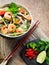 Vietnamese shrimp, prawn, chili shiitake rice noodle.