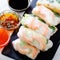 Vietnamese spring rolls - rice paper, lettuce, salad, vermicelli, noodles, shrimps, fish sauce, sweet chili, soy, lemon