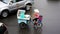 Vietnamese woman ride three wheel bicycle on wet street, transfer mobile restaurant of food vendor