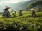Vietnamese women pick tea leaves