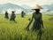 Vietnamese women transplant rice seedlings