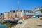 The Vieux-Bassin, old pier at the Normandy village of Honfleur France with it`s slate covered, timber framed homes and cafes