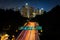 View of the 110 Freeway and downtown Los Angeles Skyline at nigh