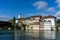 View of the Aare river and the historic old town of Olten and wooden bridge