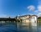 View of the Aare river and the historic old town of Olten and wooden bridge