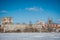 View of abandoned prison located in small lake with blue clear water in Rummu, Estonia.