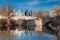 View on abandoned ruined white castle, bridge and park, Sharovka Palace, Kharkiv, Ukraine