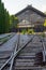 View of abandoned train tracks with Delicias station in the background, in Madrid, Spain