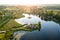 View from above of ancient wooden settlement on river island, recontruction of ancient architecture