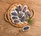 View from above of date fruit in the wicker plate