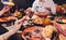 View from above of georgian cuisine on brown wooden table.Traditional georgian food-khinkali,kharcho,chahokhbili,phali