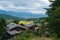 View from above on Magome postal town and rice farms