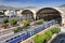 View from Above of the Nice Ville train station and TGV Trains in Nice, Cote d`Azur, France