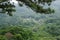 View from above on old small Buddhist monastery among mountains in China, via pine branch