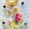 View from above on a table with russian samovar, coffee cups, apples and cookies