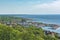 View from above to the swedish coastal city with boats and houses