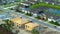 View from above of unfinished frames of private homes with wooden roofs under construction on rural street. Development